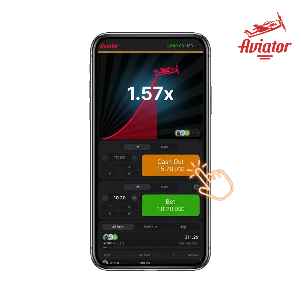 Aviator game app interface showing crash game mechanics with 97% RTP on mobile device